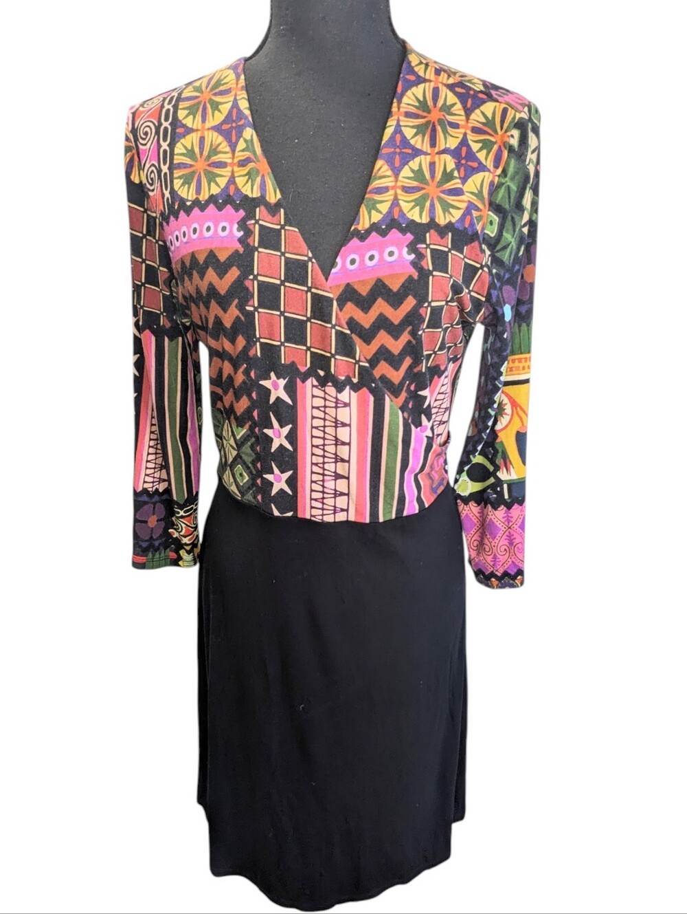 Desigual Multicolor Patterned Top Black Skirt Long Sleeve Dress Geometric XL